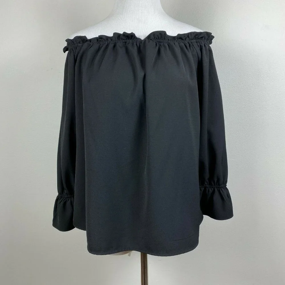 Lulus Top S Off The Shoulder Black Ruffle 3/4 Sleeve Solid Dressy Blouse - Picture 10 of 10